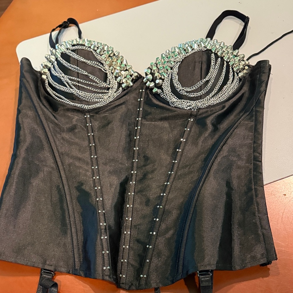 Black Embellished Bustier Corset Top with Silver Accents